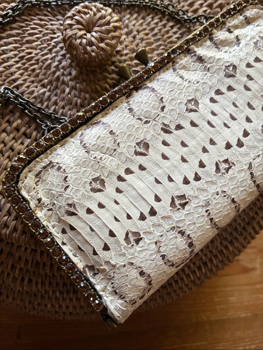 Clara Kasavina Snakeskin Amber Crystal Kiss Lock Evening Clutch Bag